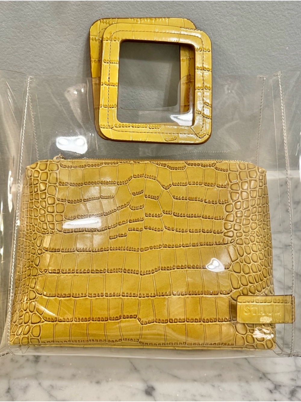 STAUD 2in1 transparent/ chartreuse w/ leather Croc-Embossed removable Pouch